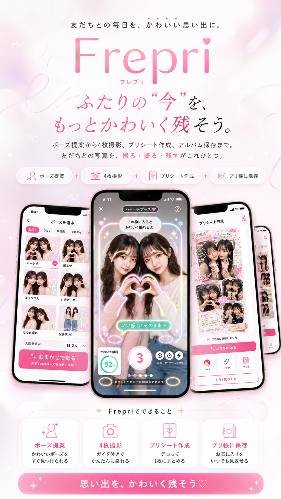 Frepri（フレプリ）— ふたりの“今”を、もっとかわいく残そう。ポーズ提案から4枚撮影、プリシート作成、アルバム保存まで。