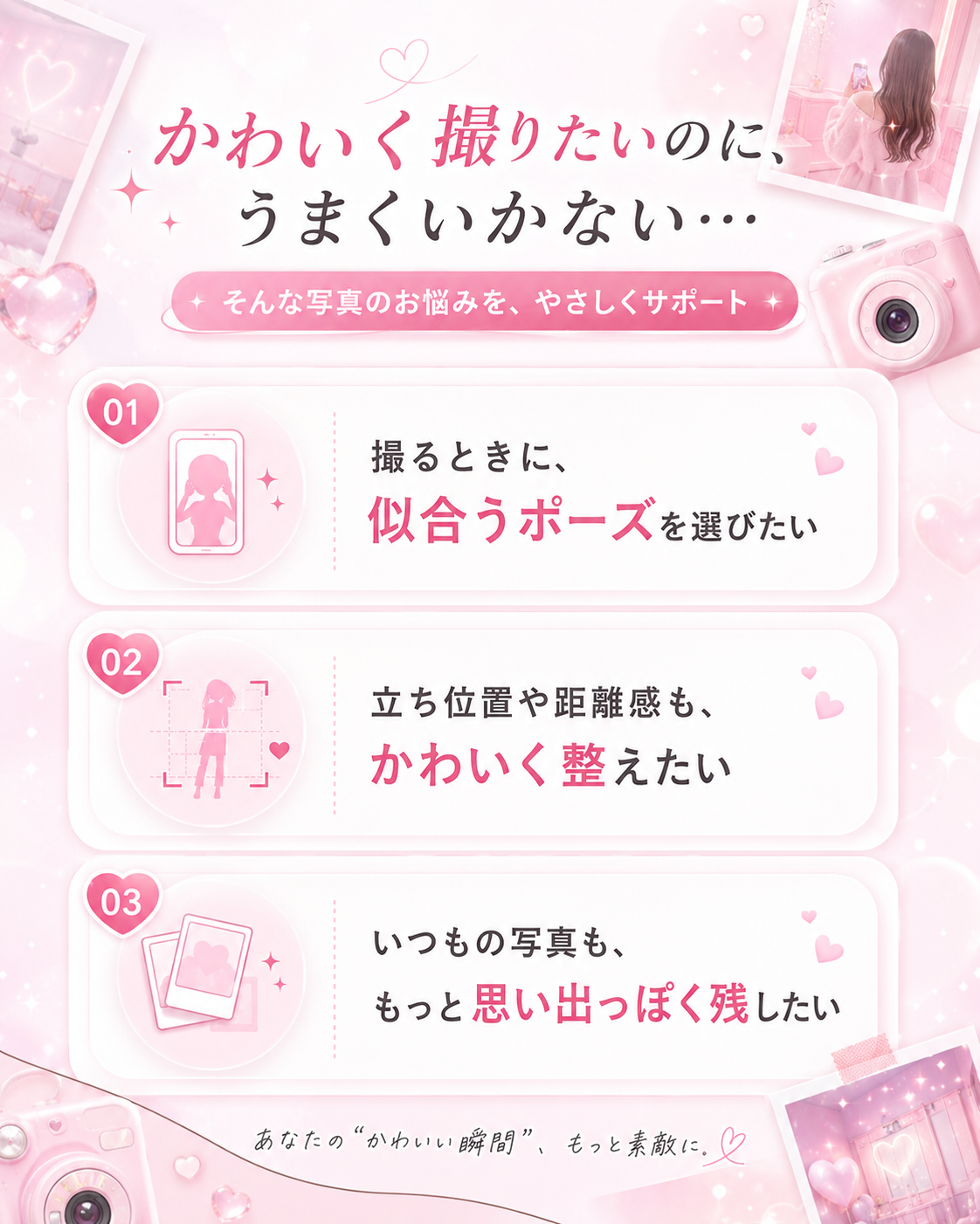 かわいく撮りたいのに、うまくいかない写真のお悩みをやさしくサポートする説明画像