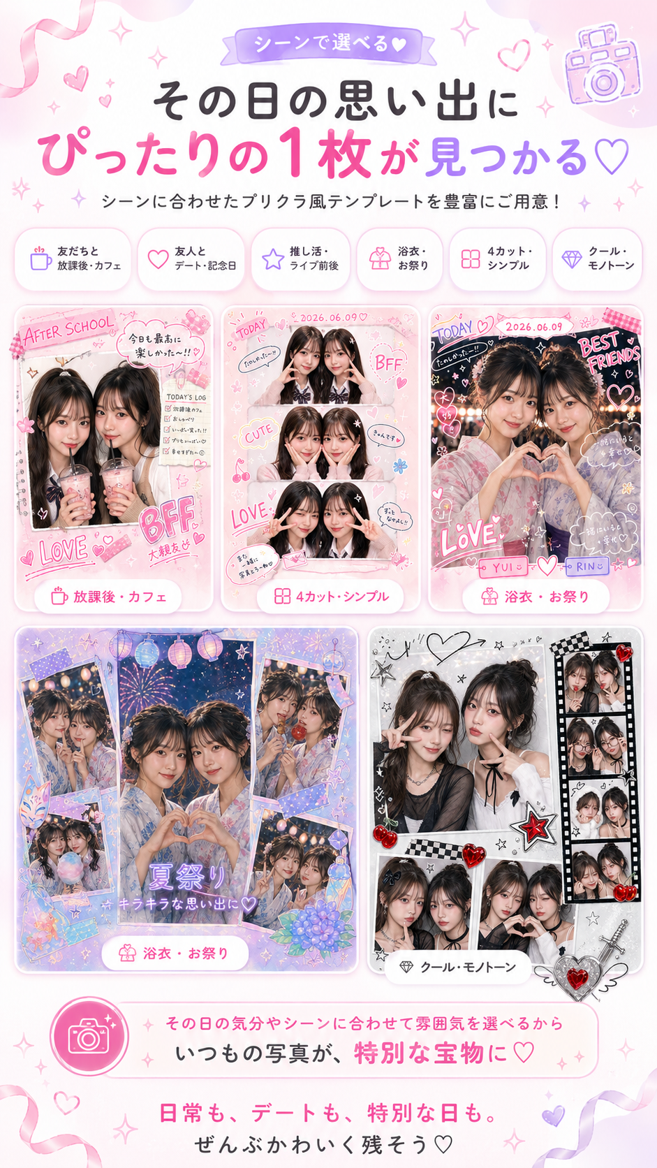 シーンで選べるプリクラ風テンプレートの説明画像